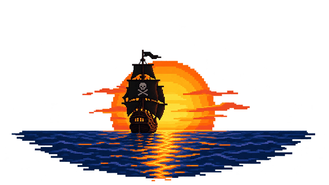 Pixel art pirate ship sailing into the sunset